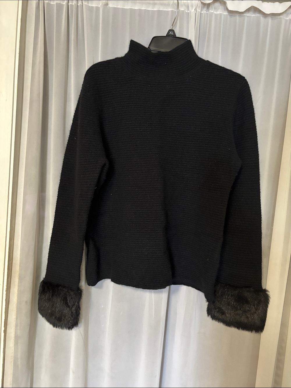 Black Mock Neck Sweater with Faux Fur Cuffs — Women's Turtleneck